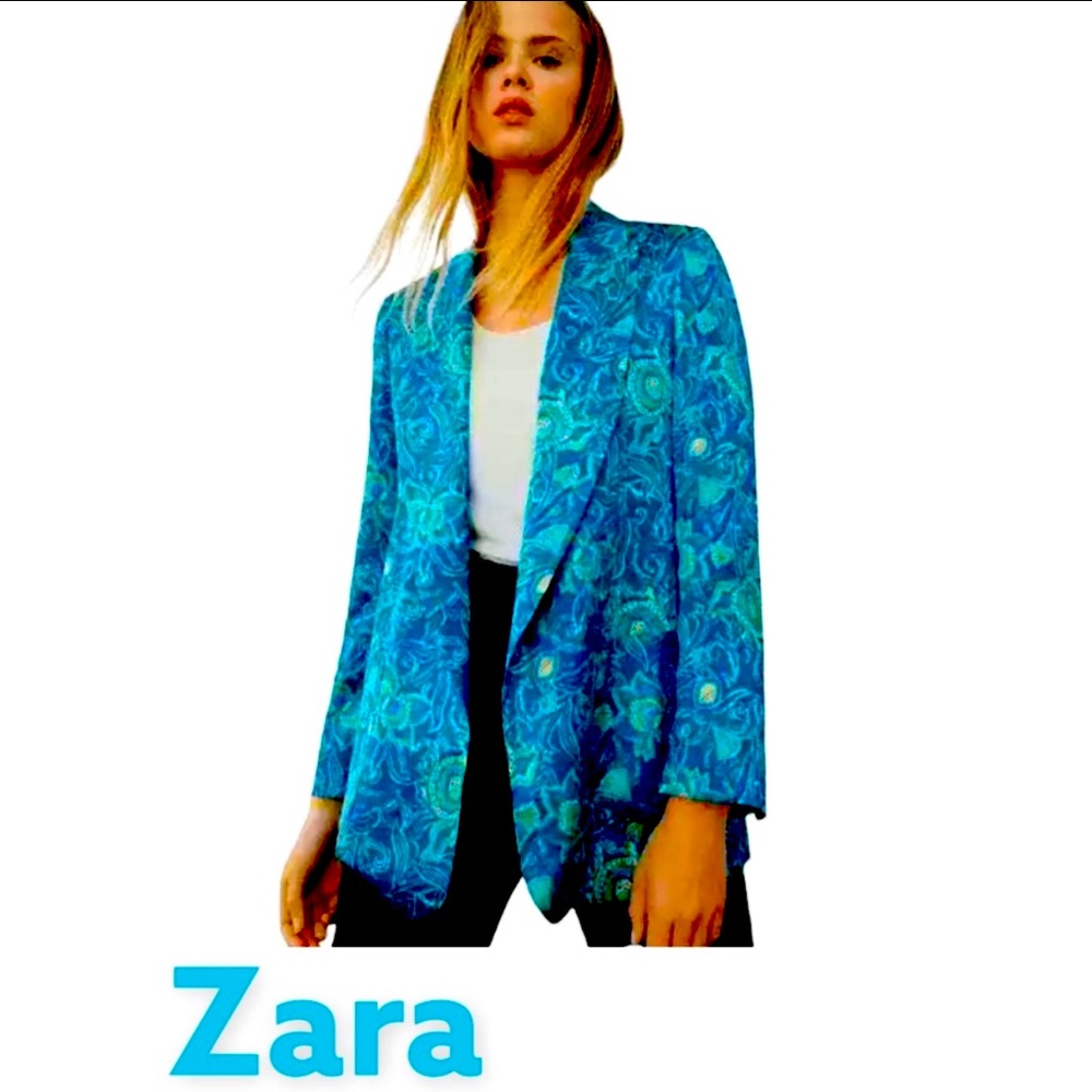 Zara Blue Green Printed Blazer NWT Sz L